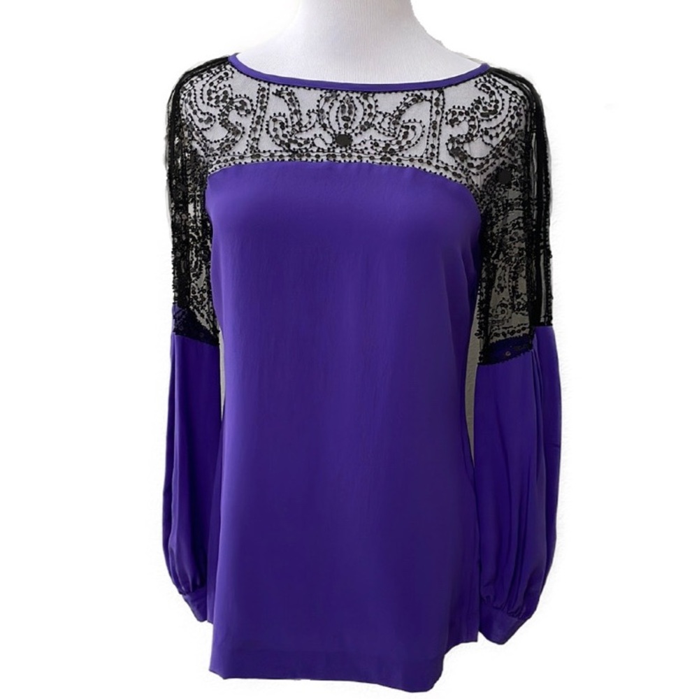 Tory Burch Royal Purple Silk Long Sleeve Blouse with Beaded Chest and Shoulders